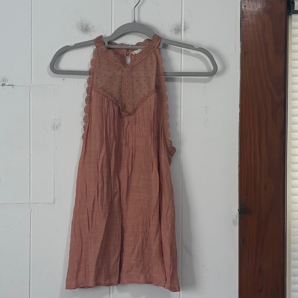 MINE Women Dusty Peach Crochet Lace Swiss Dot Halter Tank Top Large Crepe
